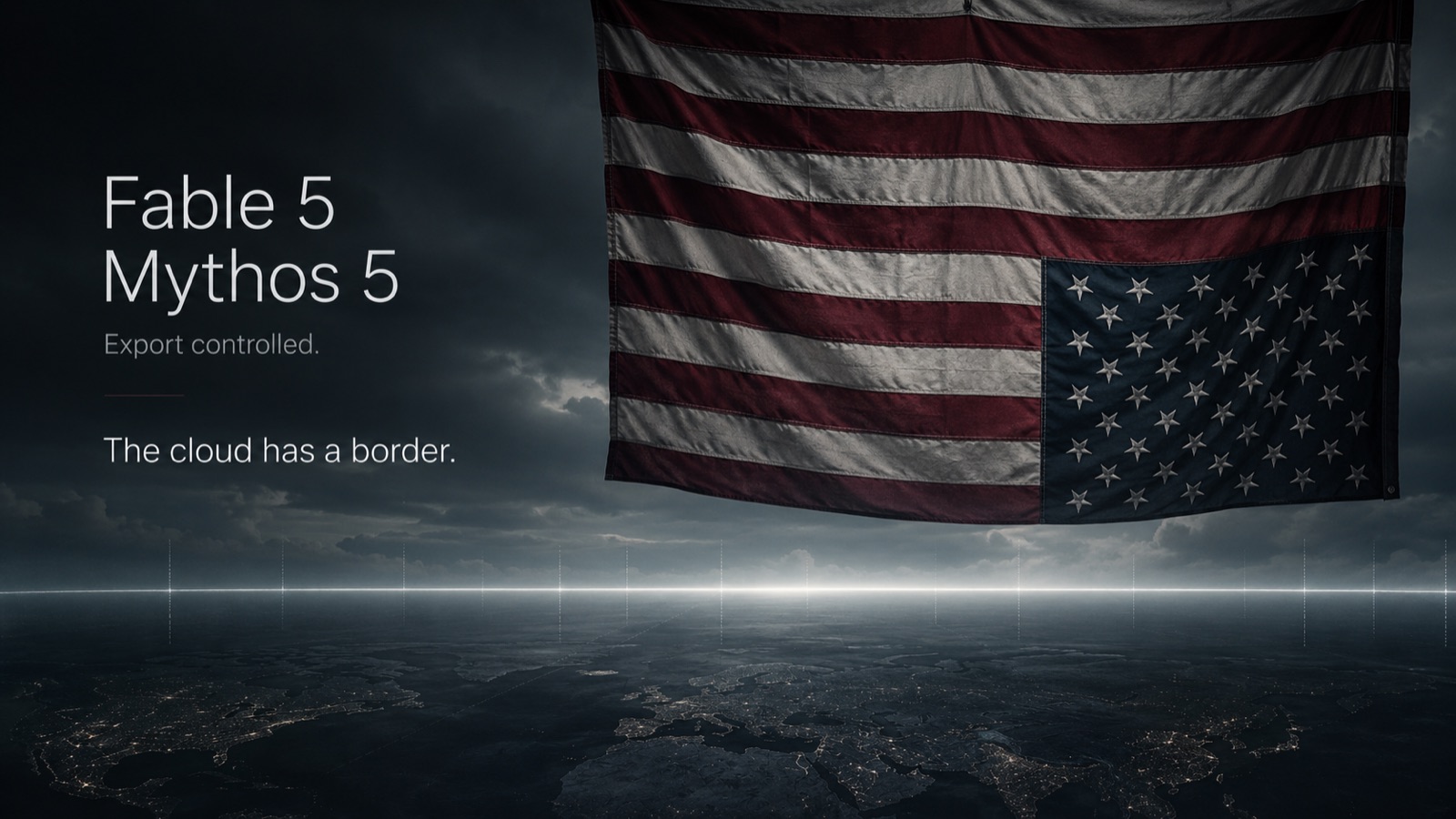 A large US flag hanging over a dark, night-time view of the Earth's curve; overlaid text reads "Fable 5, Mythos 5 — Export controlled. The cloud has a border."